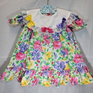 Vtg‎ Jill Lynn Dress Girls 4t Floral Lace Ruffle Collar Cottagecore USA Easter
